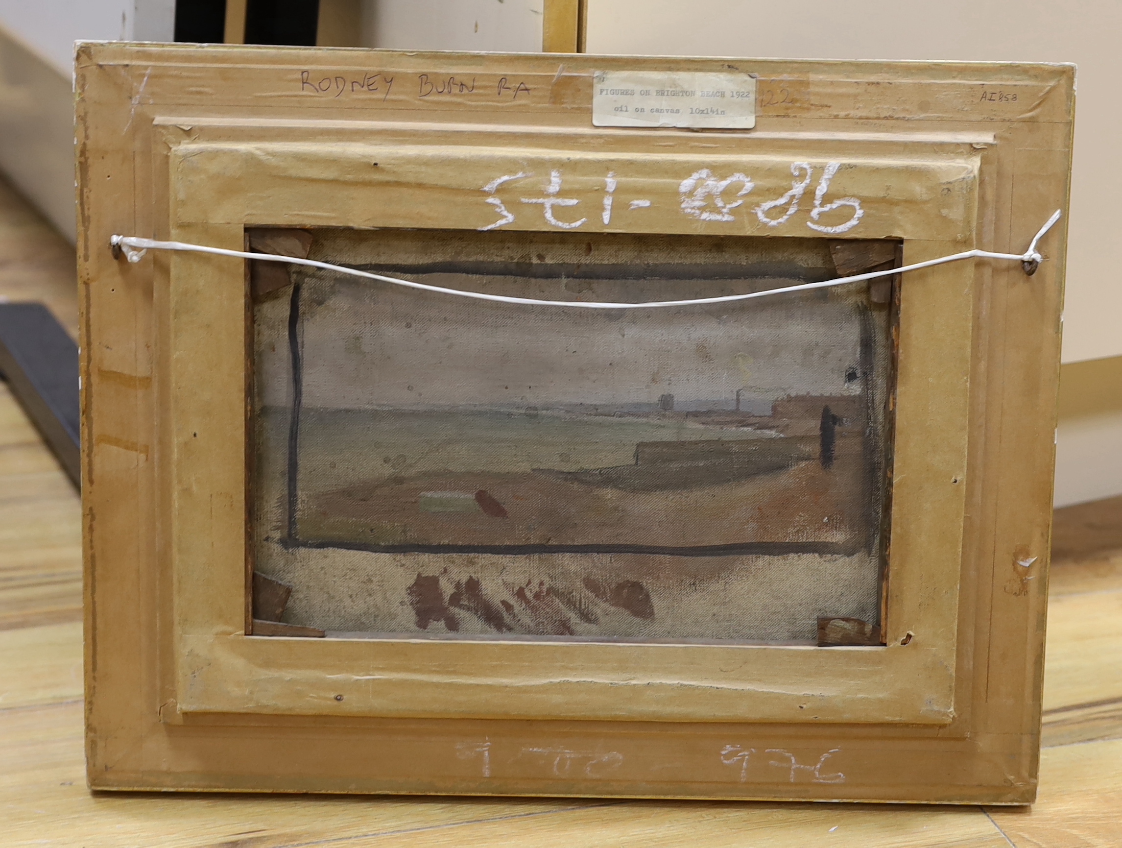 Rodney Joseph Burn (1899-1984), oil on canvas, Figures on Brighton Beach 1922, initialled, 25 x 35cm